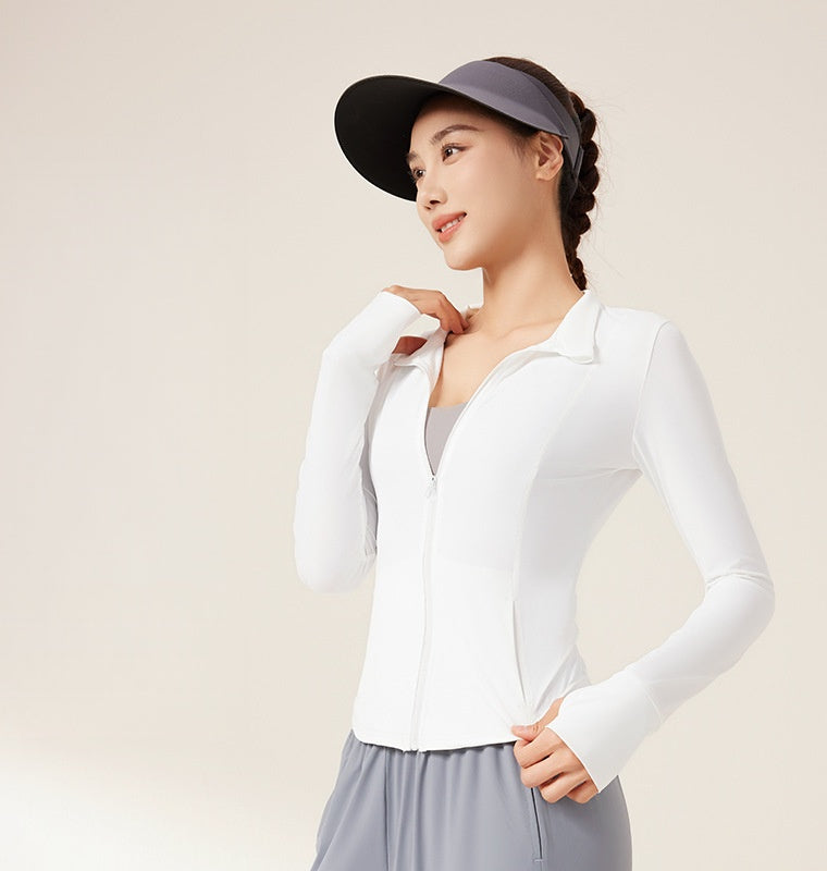 Women’s Tailored Contour Fit Stand Collar UV Protection Jacket, Summer Breathable Raw Yarn Sunscreen Outerwear Without Hood, Lightweight Soft Sports Coat Perfect for Yoga, Running and Daily Outdoor Activities