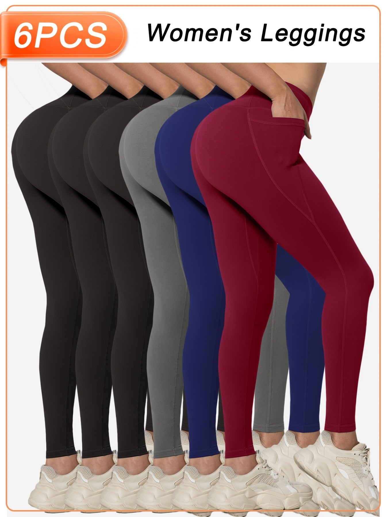 Women’s 6-Pack High Waist Leggings with Side Pockets, Athletic Sports Workout Activewear Pants Multipack