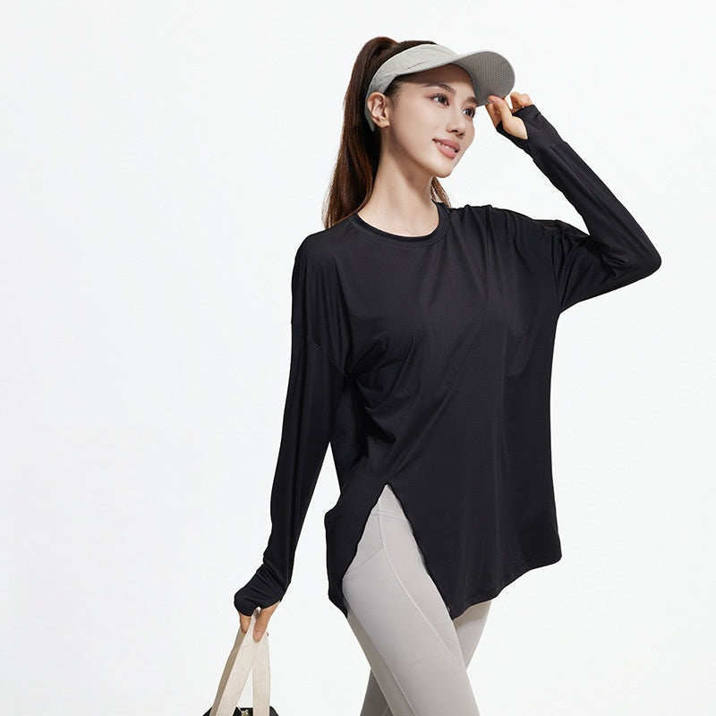 New Split Hem Loose Long Sleeve Yoga Top for Women, Breathable Sports Shirt for Running, Training & Fitness
