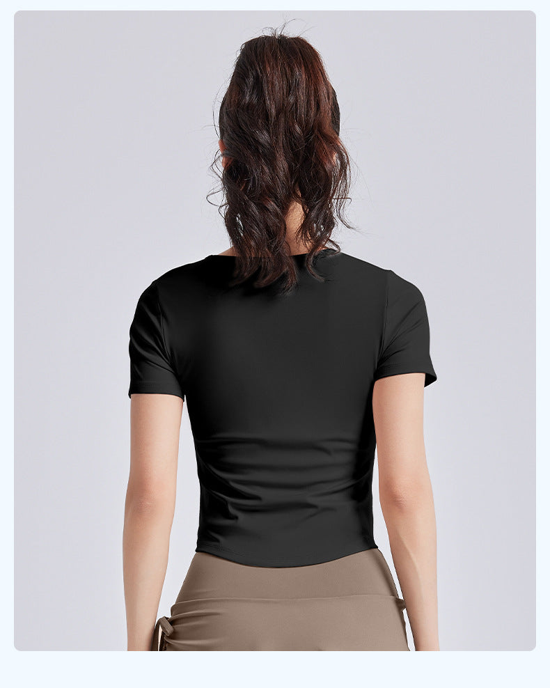 Women's Slimming Ruched Yoga Short Sleeve – Built-in One-Piece Cup Bra Pad, Summer Workout Fitness Top
