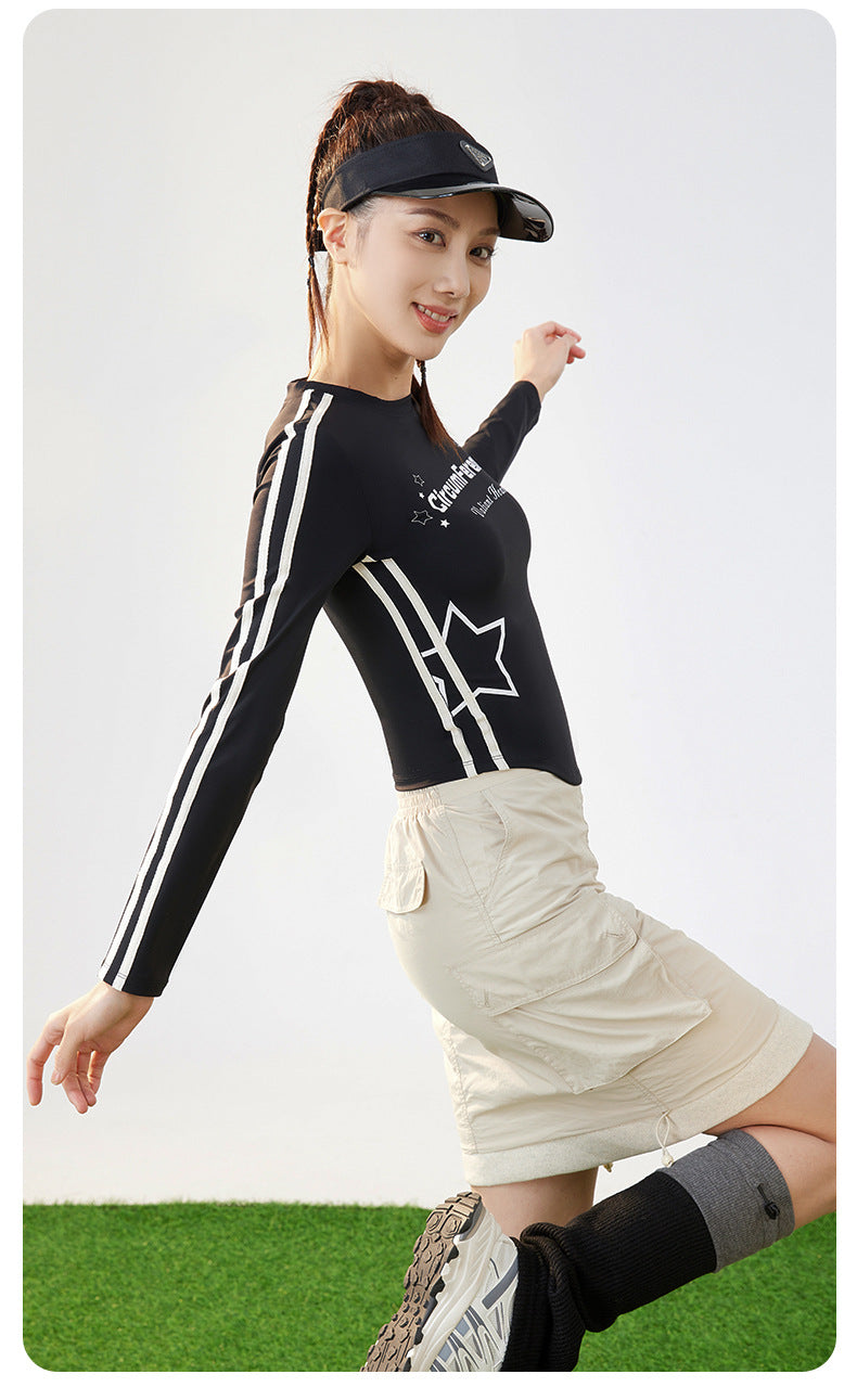 Women’s Ribbon Printed Crew Neck Long Sleeve Athletic Top, American Retro Ultra Soft Plush High Stretch Sports T-Shirt