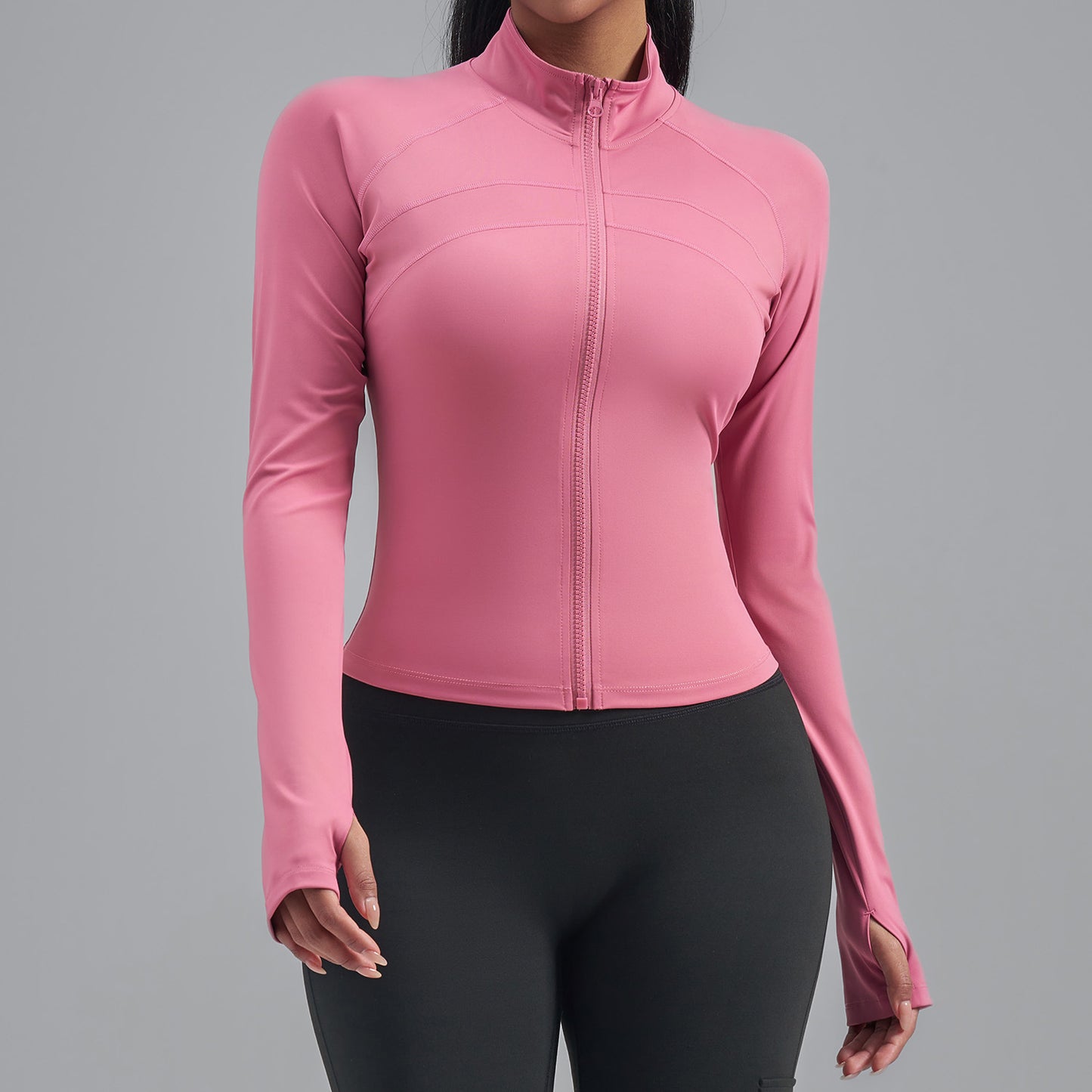 Plus Size Zip Up Sports Jacket, Stretch Slim Fit Yoga Top, Euro Size Figure-Flattering Long Sleeve Workout Coat for Women
