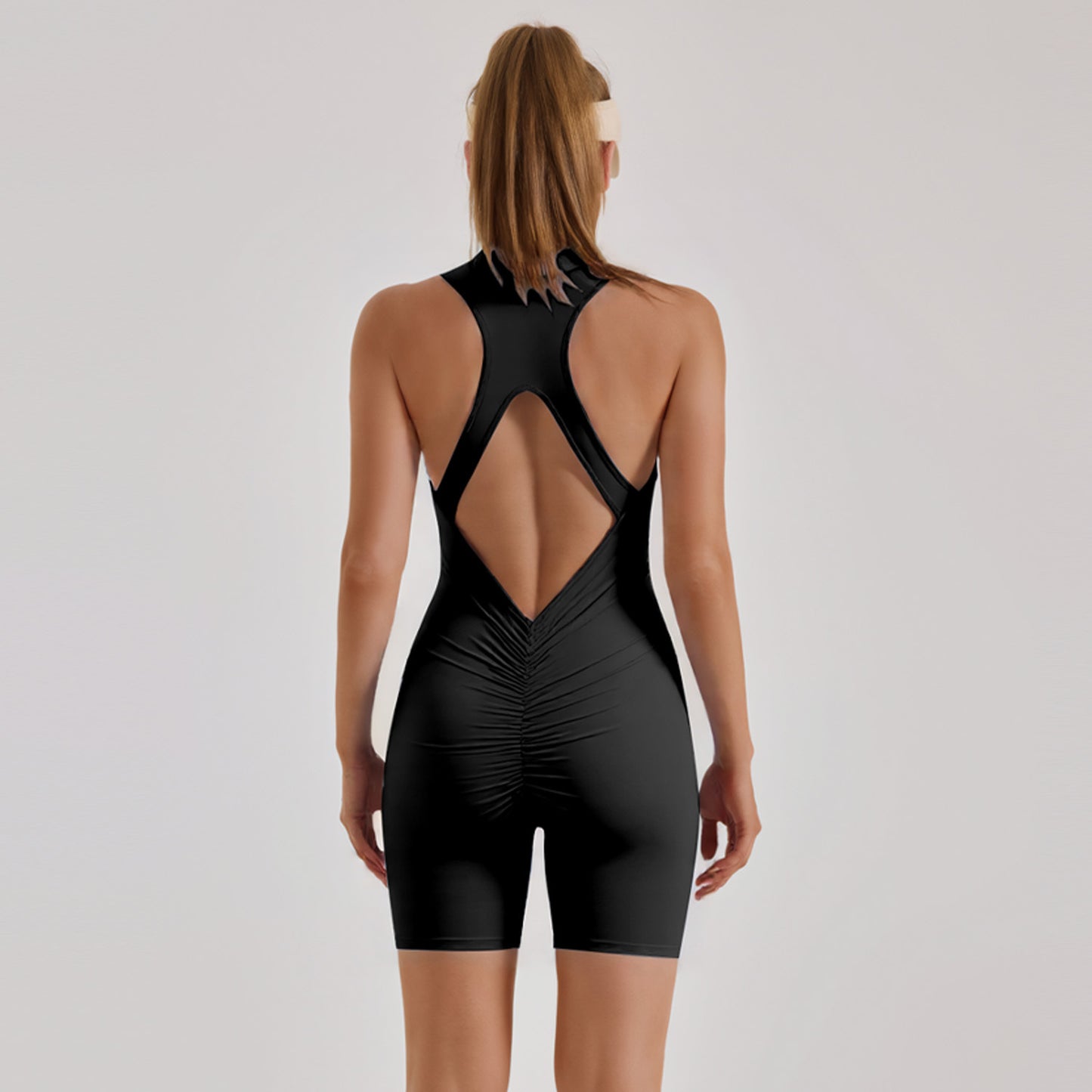 Zip Collar Beauty Back Sports Jumpsuit, Peach Hip Yoga One-piece Shorts for Women