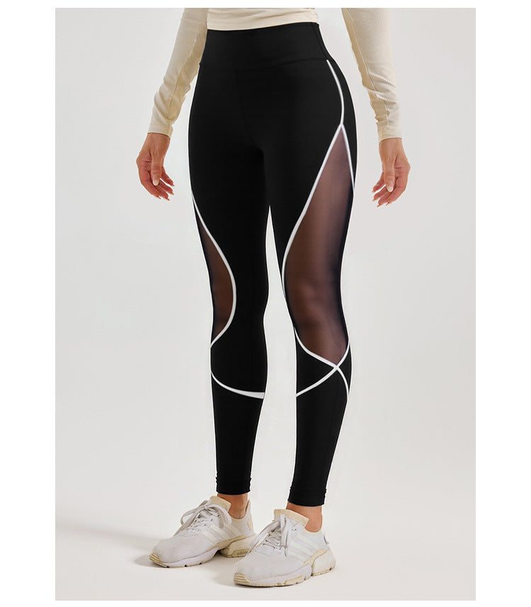 Women’s Color Block Mesh Yoga Leggings, High Waist Curved Hip Seam Streamlined Silhouette Sports Pants for Running & Daily Workout Training