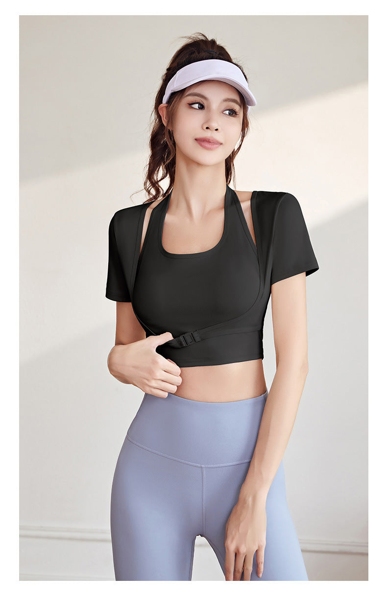 Women's Halter Neck Yoga Short Sleeve – Built-in Bra, Slim Fit Sports Top for Workout & Fitness