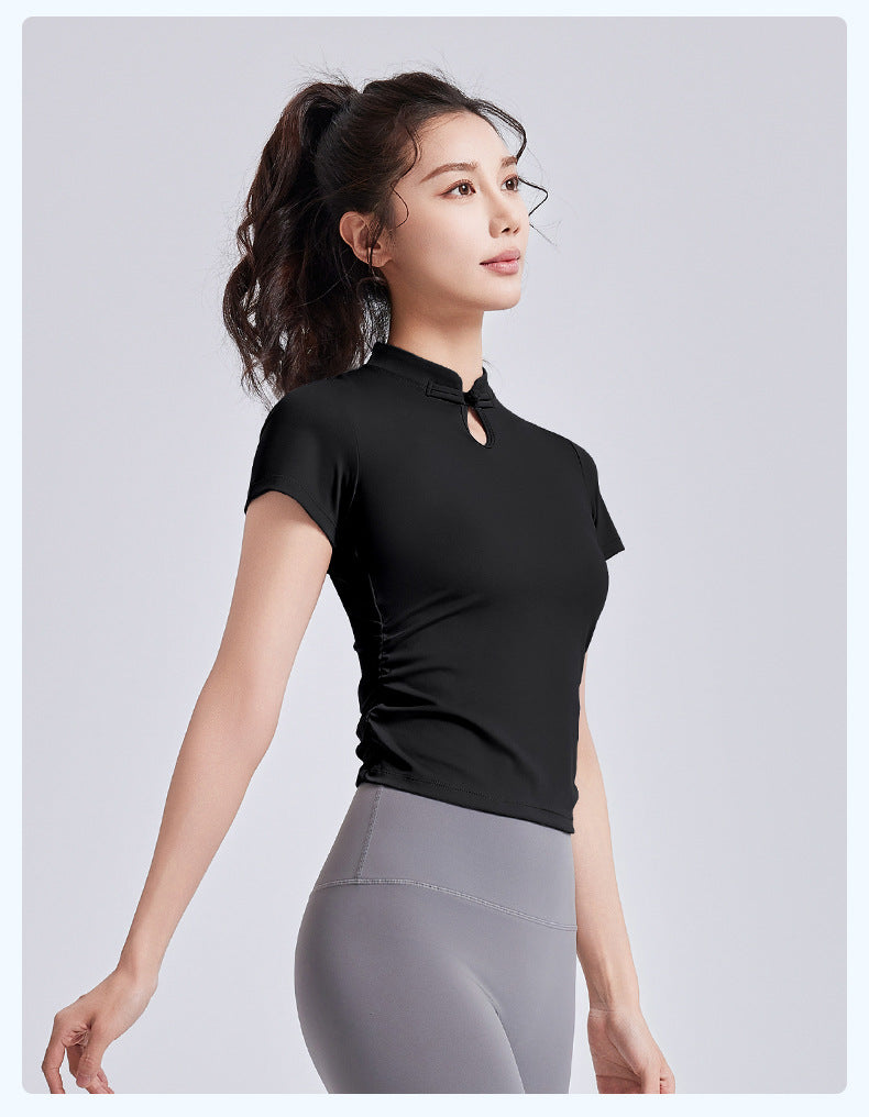 New Chinese Style Yoga Short Sleeve for Women, Frog Button Traditional Sports Top, Summer Chinese-Chic Yoga Wear