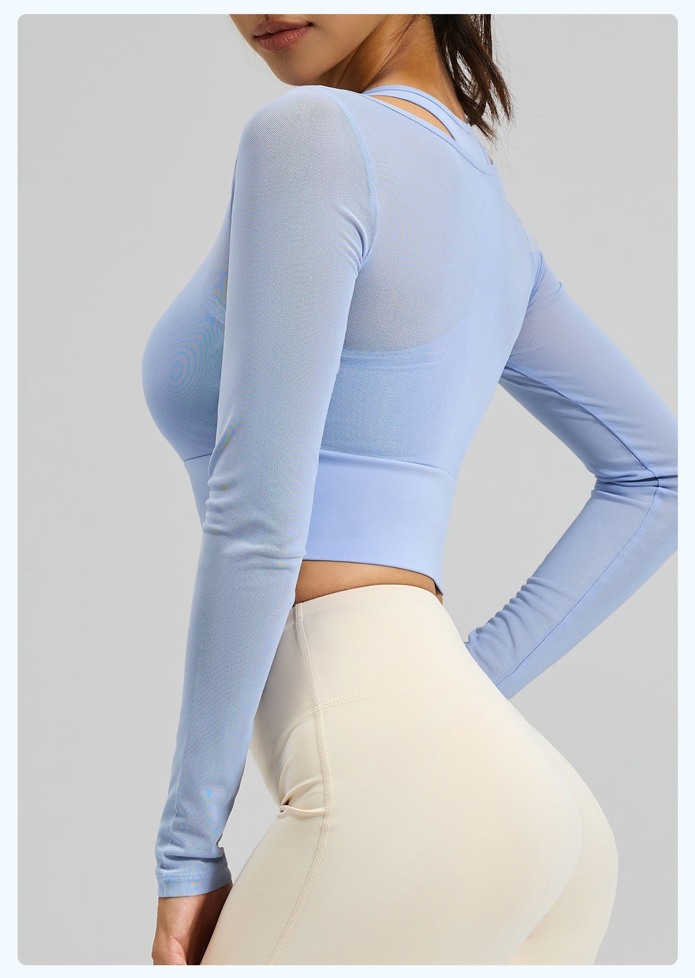 Women's Summer Long Sleeve Yoga Top, Mesh Fake Two-Piece Design, Slim Fit with Built-in Fixed Chest Pad, Workout & Fitness Shirt