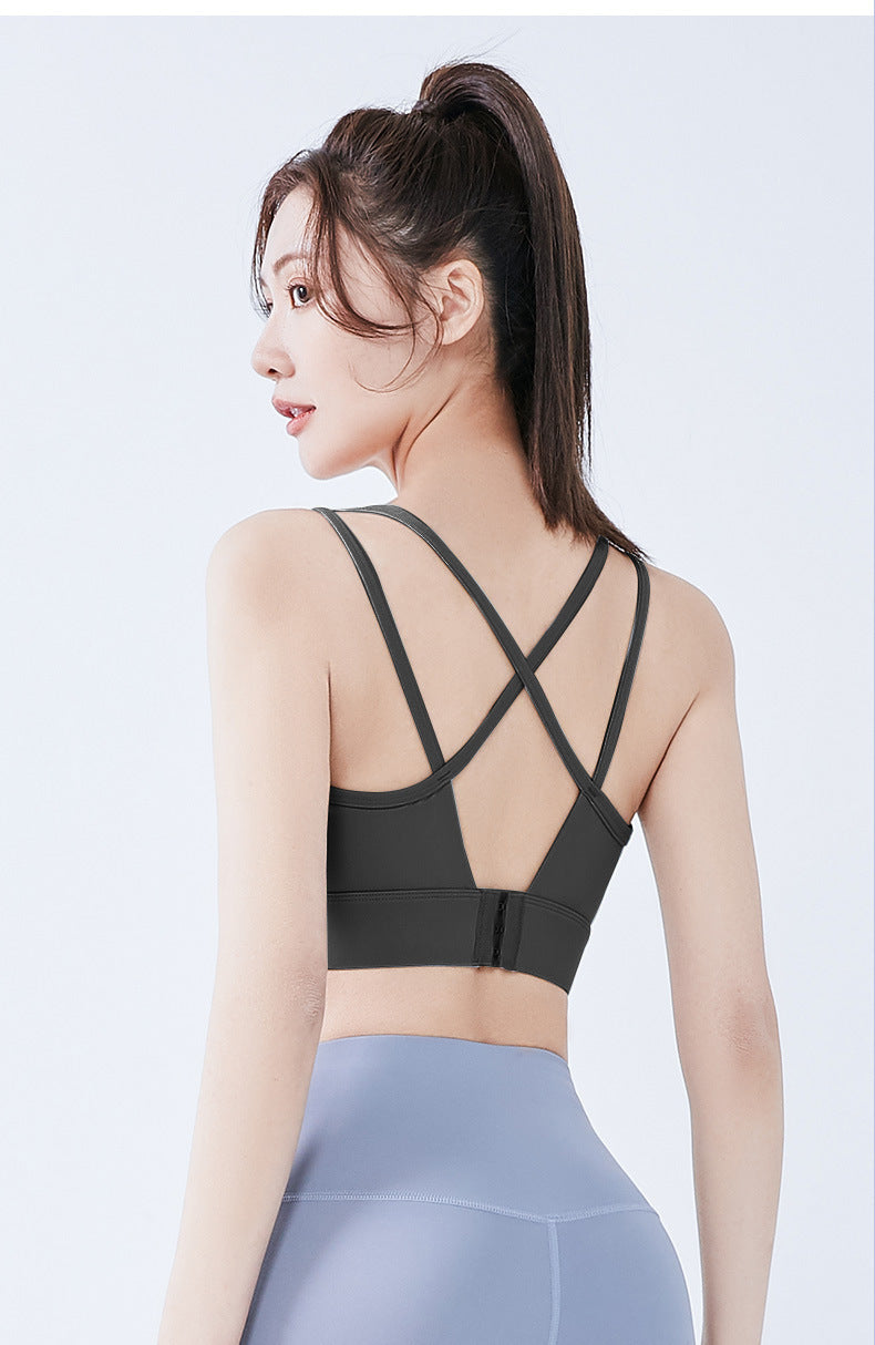 Women's V-Neck Padded Sports Bra Crisscross Back Adjustable Hook Closure Anti-Side Bulge Yoga Tank Top