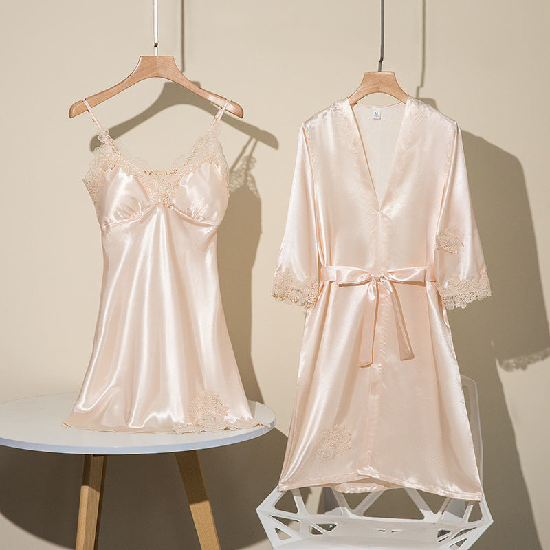 Girls' Battleship Spring/Summer sleepwear, Women's Sensual Five-Piece Silk Thin Nightgown with Padded Bra