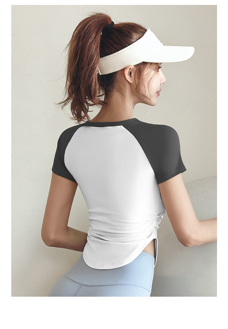 Women's Color Block Ruched Yoga Top | Slimming Waist, Naked-Sense Fabric, Sports & Outdoor Fitness