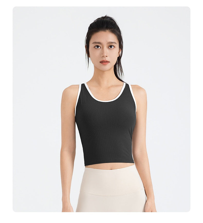 Striped Ribbed Sports Tank Top for Women, Regular Fit Cutout Racerback Activewear with Removable Integrated Contour Pads for Yoga & Fitness Workouts