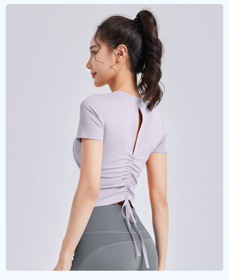 New Drawstring Ruched Yoga Crop Top for Women, Built-in Fixed Chest Pad, Slim Fit Beauty Back Sports Fitness Top