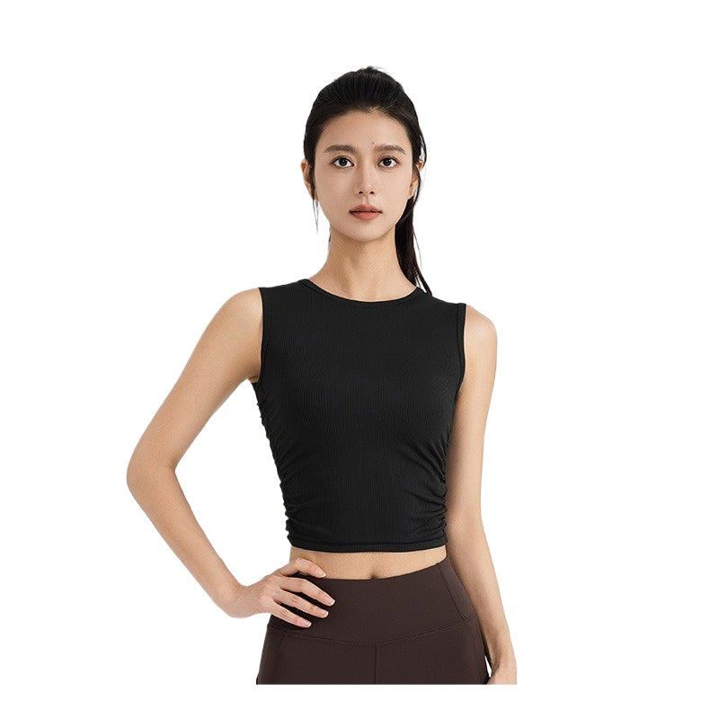 New Summer Ruched Sleeveless Sports Tank Top, Waist Shaping Slim Yoga Top for Women