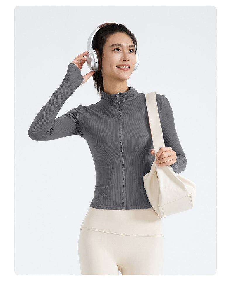 New Striped Yoga Jacket, Slim Fit Ribbed Long Sleeve, Lightweight Stretchy Sports Outerwear for Women