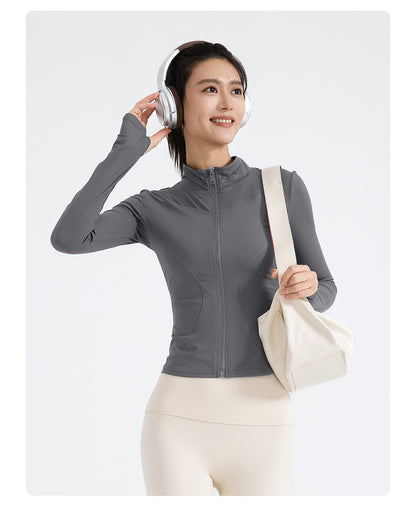 New Striped Yoga Jacket, Slim Fit Ribbed Long Sleeve, Lightweight Stretchy Sports Outerwear for Women
