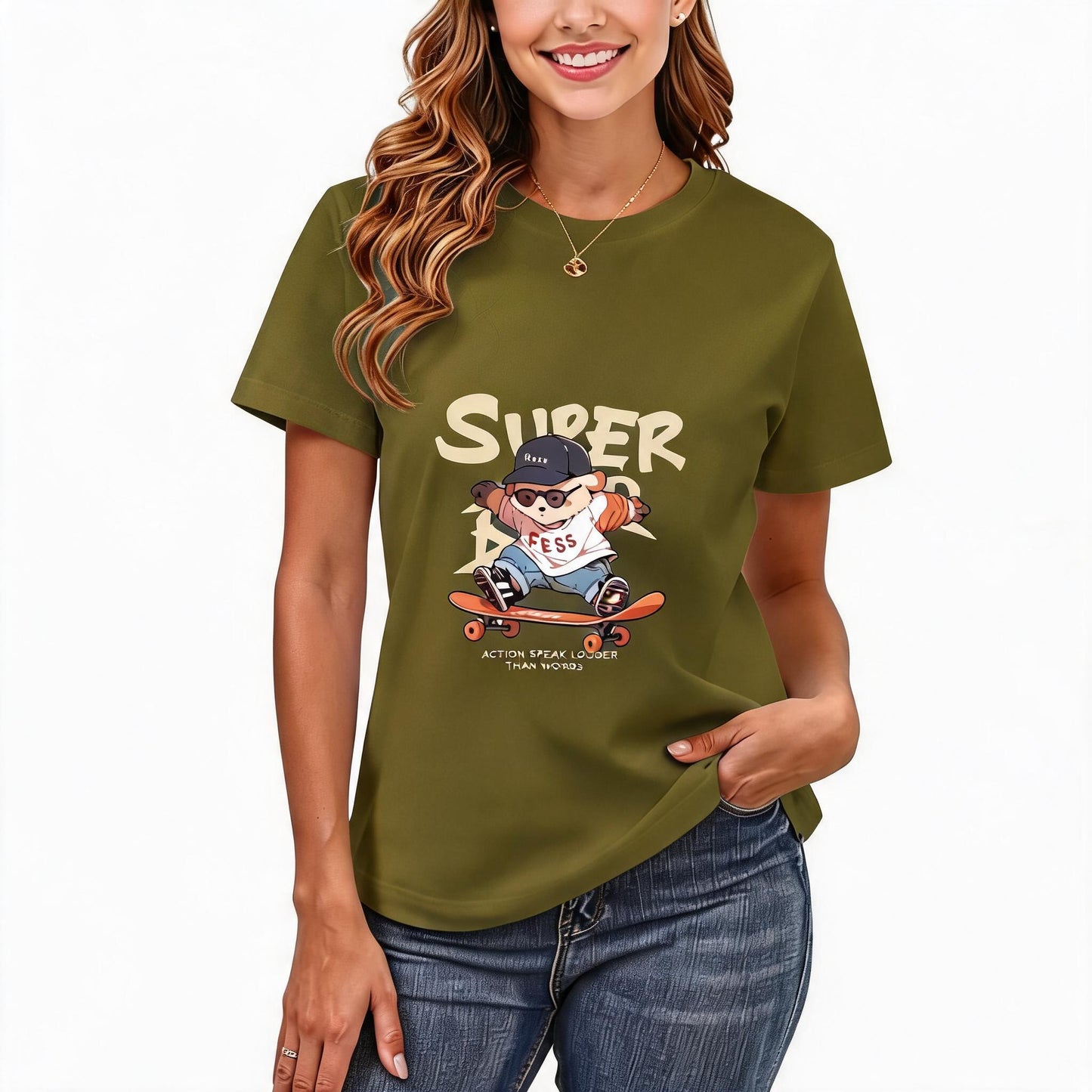 200GSM Women Premium Pure Cotton Graphic Print T Shirt Casual Crew Neck Short Sleeve Fashion Printed Ladies Daily Tops 095