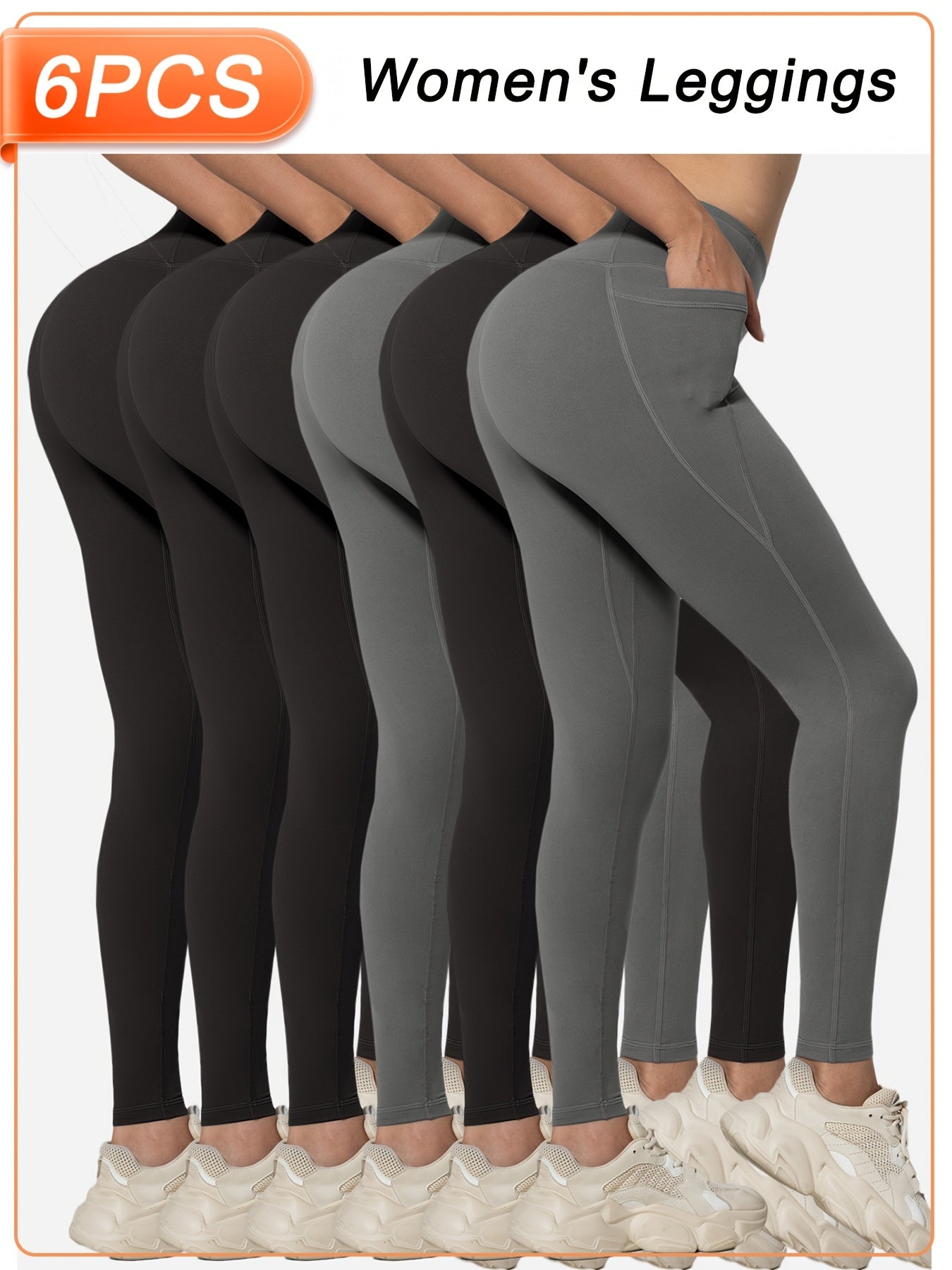 Women’s 6-Pack High Waist Leggings with Side Pockets, Athletic Sports Workout Activewear Pants Multipack