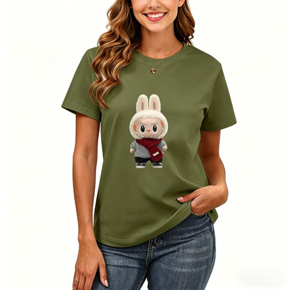 200GSM Women Premium Pure Cotton Graphic Print T Shirt Casual Crew Neck Short Sleeve Fashion Printed Ladies Daily Tops 104