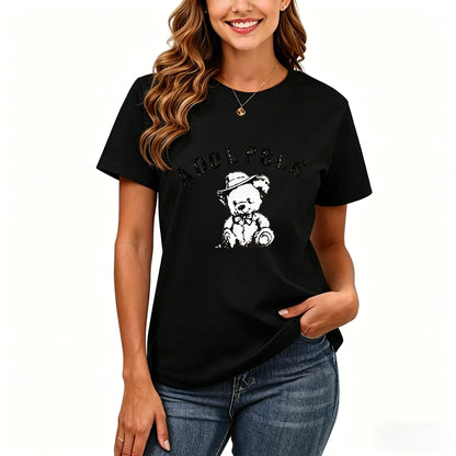 200GSM Women Premium Pure Cotton Graphic Print T Shirt Casual Crew Neck Short Sleeve Fashion Printed Ladies Daily Tops 105