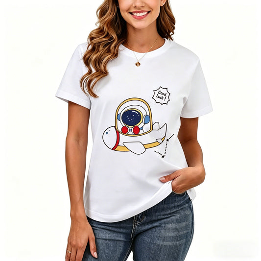 200GSM Women Premium Pure Cotton Graphic Print T Shirt Casual Crew Neck Short Sleeve Fashion Printed Ladies Daily Tops 109