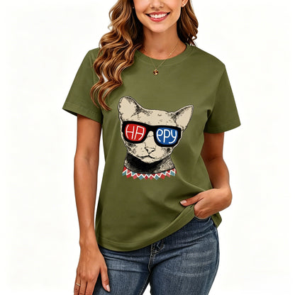 200GSM Women Premium Pure Cotton Graphic Print T Shirt Casual Crew Neck Short Sleeve Fashion Printed Ladies Daily Tops 112