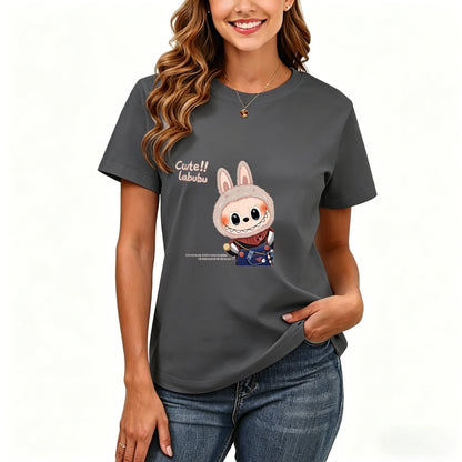 200GSM Women Premium Pure Cotton Graphic Print T Shirt Casual Crew Neck Short Sleeve Fashion Printed Ladies Daily Tops 113