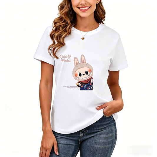 200GSM Women Premium Pure Cotton Graphic Print T Shirt Casual Crew Neck Short Sleeve Fashion Printed Ladies Daily Tops 113