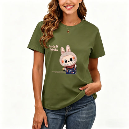 200GSM Women Premium Pure Cotton Graphic Print T Shirt Casual Crew Neck Short Sleeve Fashion Printed Ladies Daily Tops 113