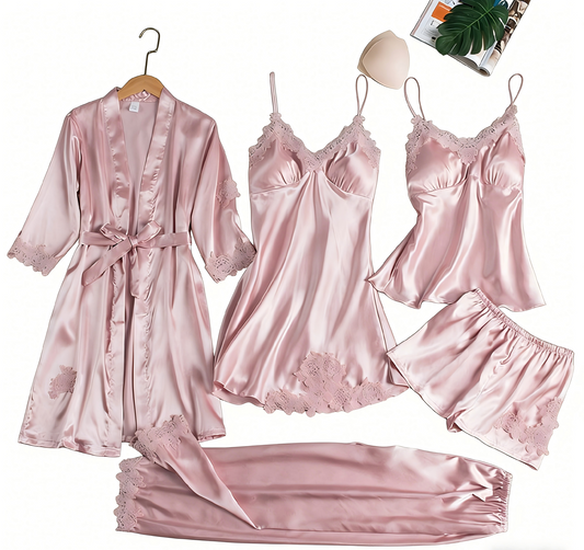 Girls' Battleship Spring/Summer sleepwear, Women's Sensual Five-Piece Silk Thin Nightgown with Padded Bra