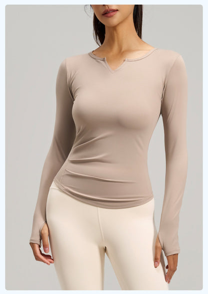 V-neck Long Sleeve Naked Feel Yoga Top, Ruched Waist Slim Fit Tight Sports Workout Shirt