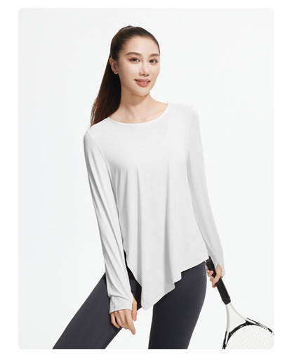 New Ice Silk Long Sleeve Yoga Top, Cool Breathable Loose Split Hem Yoga Cover Up Shirt