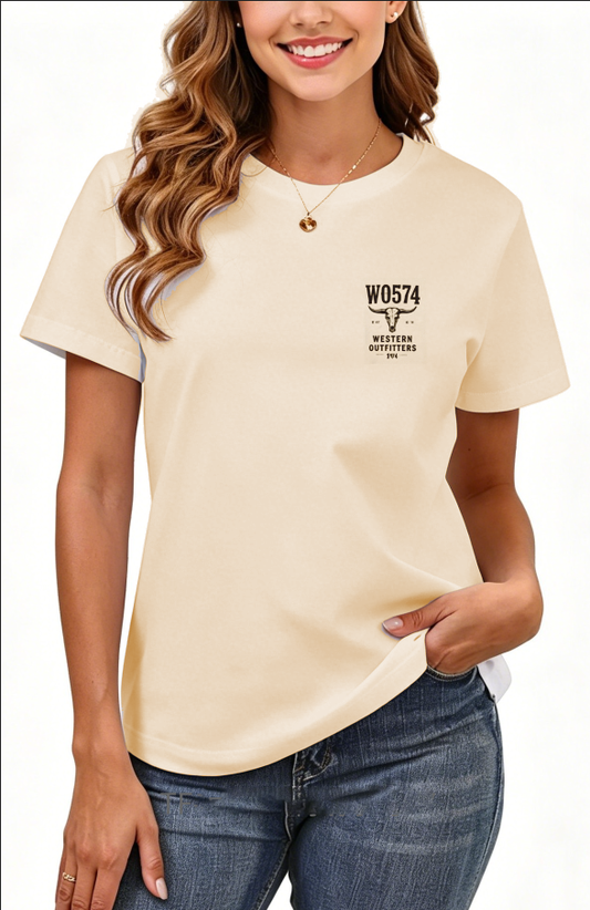 Women’s Custom Vintage Graphic Print Short Sleeve T-Shirt, Light Brown & Creamy Apricot Retro Casual Basic Tee