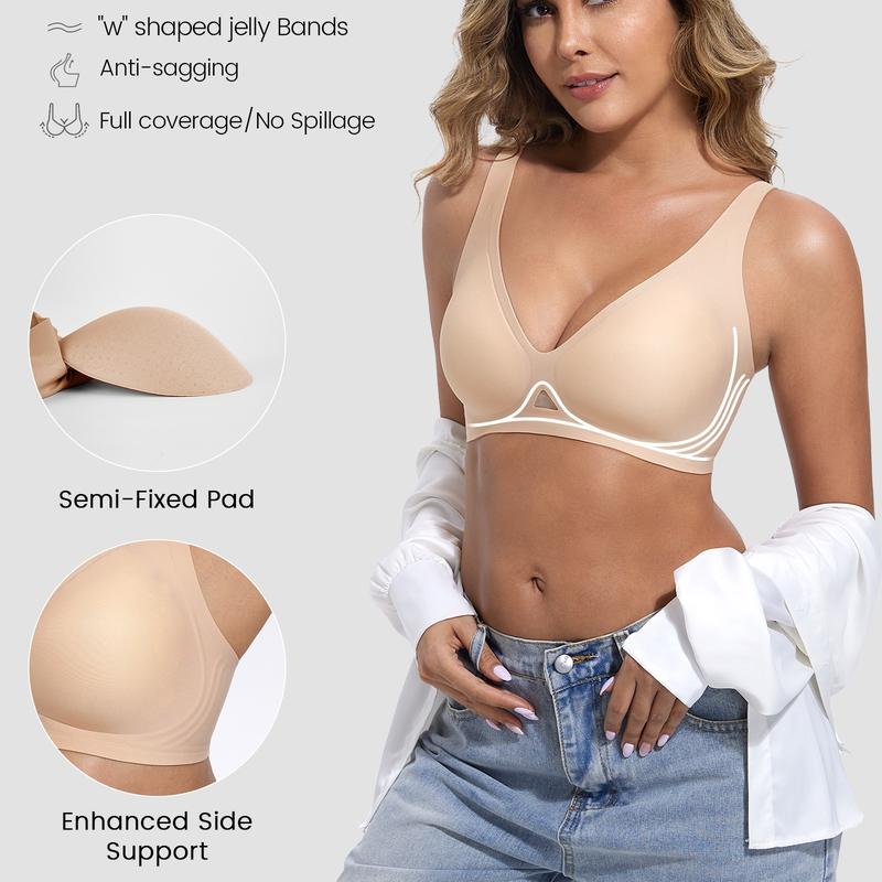 Obind Women’s Wireless Jelly Deep-V Seamless T-Shirt Bra, Soft Butter Fabric Breathable Mesh Triangle Panel Bra with Adjustable Straps, Minimalist Everyday Intimates