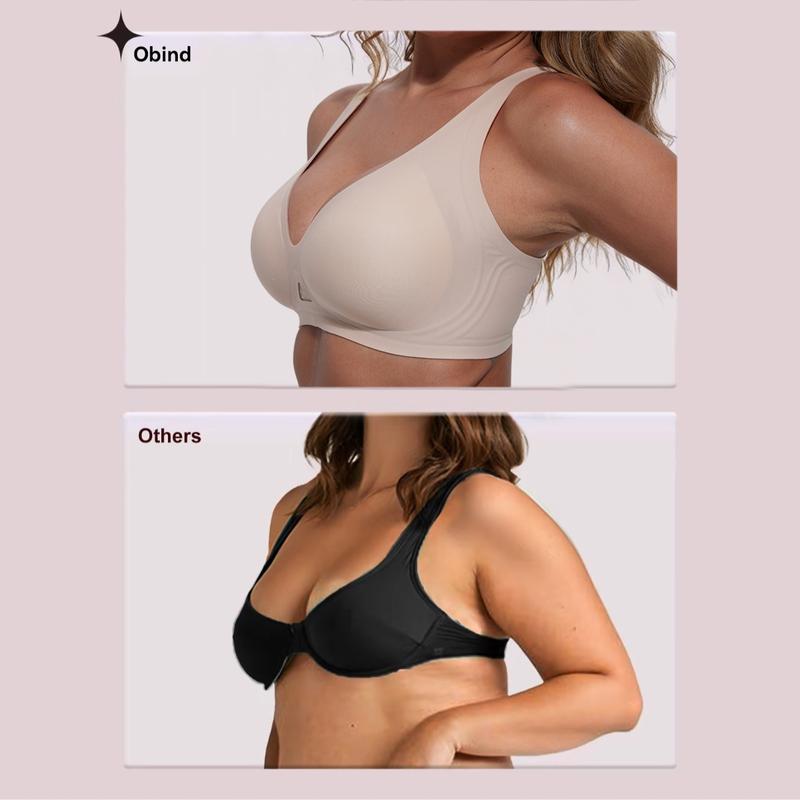 Obind Women’s Wireless Jelly Deep-V Seamless T-Shirt Bra, Soft Butter Fabric Breathable Mesh Triangle Panel Bra with Adjustable Straps, Minimalist Everyday Intimates