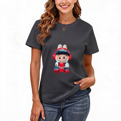 200GSM Women Premium Pure Cotton Graphic Print T Shirt Casual Crew Neck Short Sleeve Fashion Printed Ladies Daily Tops 093