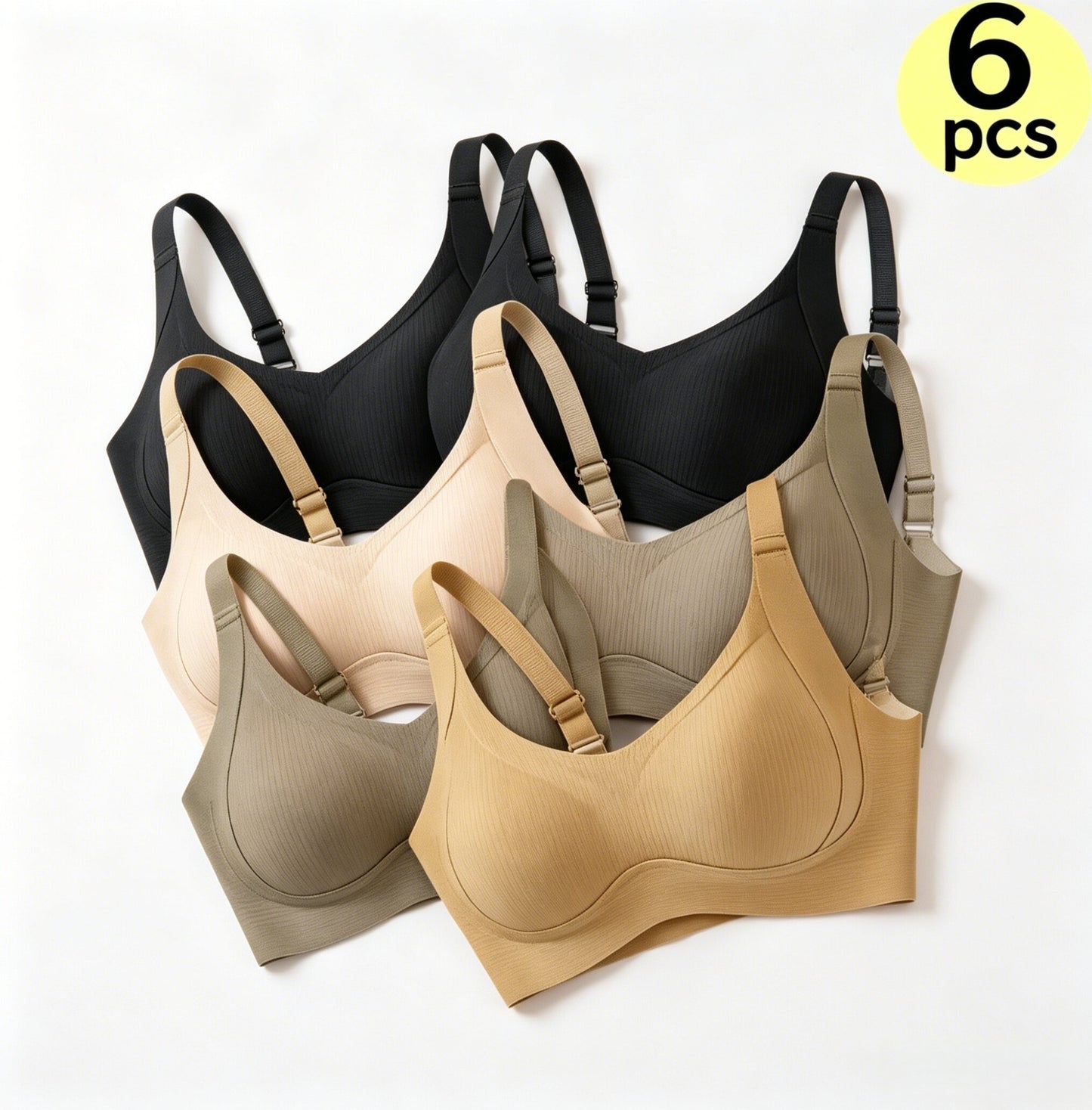【Pre-sale】6-Pack Wireless Comfort Bras | Soft Ribbed Seamless Bras for Women, Adjustable Straps, Multipack Value