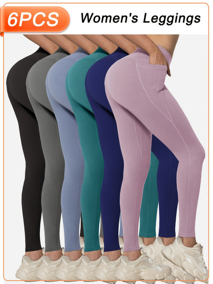 Women’s 6-Pack High Waist Leggings with Side Pockets, Athletic Sports Workout Activewear Pants Multipack