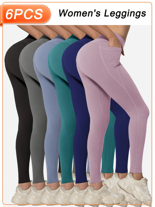 Women’s 6-Pack High Waist Leggings with Side Pockets, Athletic Sports Workout Activewear Pants Multipack