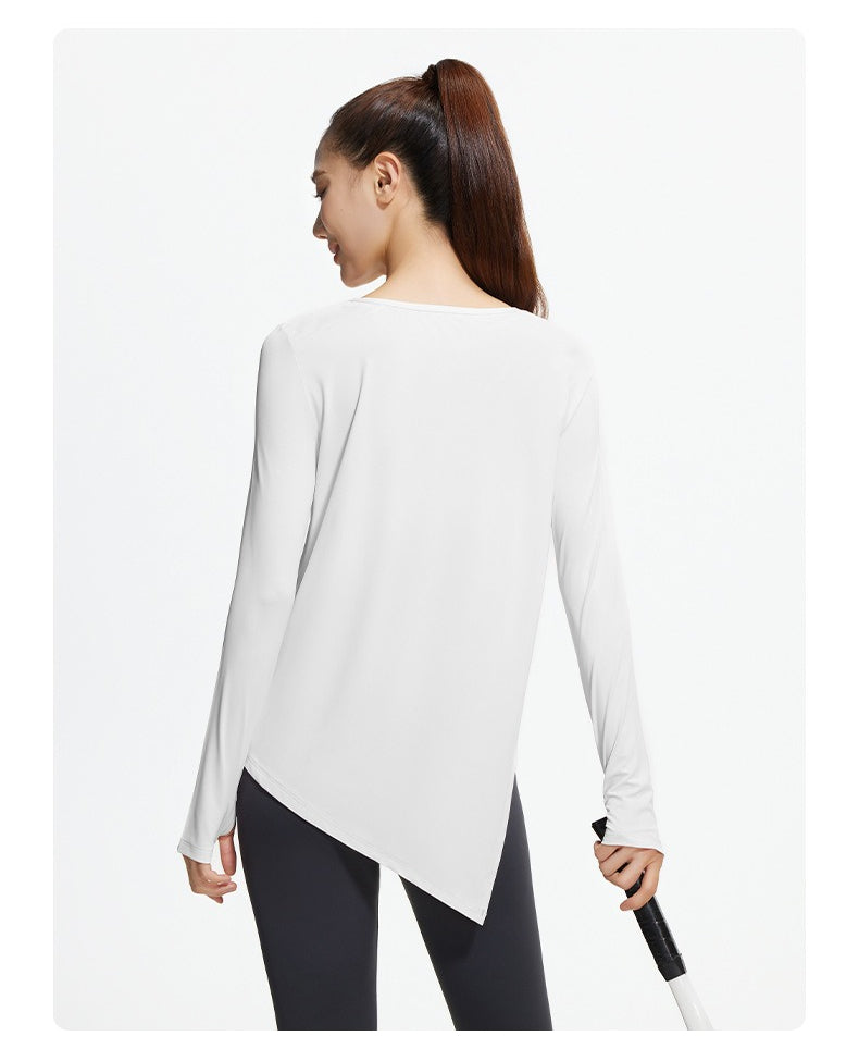 New Ice Silk Long Sleeve Yoga Top, Cool Breathable Loose Split Hem Yoga Cover Up Shirt