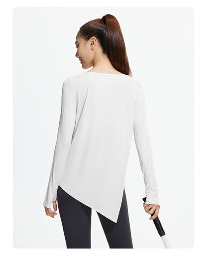 New Ice Silk Long Sleeve Yoga Top, Cool Breathable Loose Split Hem Yoga Cover Up Shirt