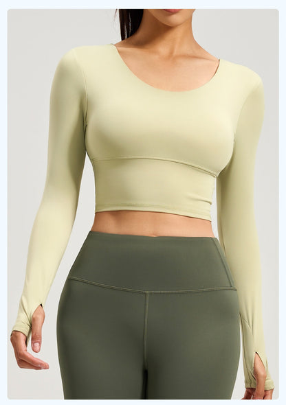 Women's Crisscross Beauty Back Long Sleeve Yoga Top, Built-in Bra, Slim Fit Sports Fitness Shirt