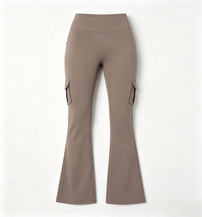 Single-Side Brushed Cargo Flare Yoga Pants, Breathable High Waist Butt Lifting Pocket Naked Feel Slim Fitness Leggings