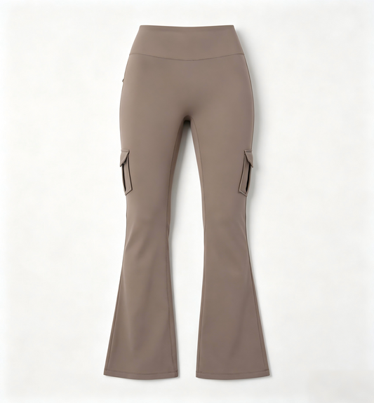 Single-Side Brushed Cargo Flare Yoga Pants, Breathable High Waist Butt Lifting Pocket Naked Feel Slim Fitness Leggings