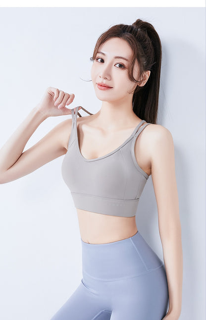 Women's V-Neck Padded Sports Bra Crisscross Back Adjustable Hook Closure Anti-Side Bulge Yoga Tank Top