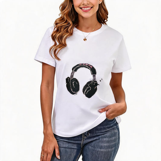 200GSM Women Premium Pure Cotton Graphic Print T Shirt Casual Crew Neck Short Sleeve Fashion Printed Ladies Daily Tops 099