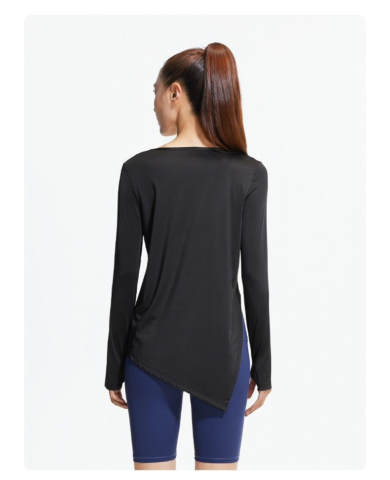 New Ice Silk Long Sleeve Yoga Top, Cool Breathable Loose Split Hem Yoga Cover Up Shirt