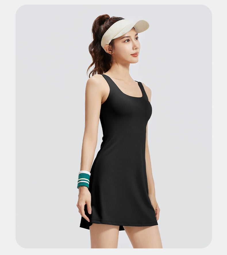 Women's New One-Piece Sports Tennis Dress, Built-in Chest Pad, Anti-Exposure, Beautiful Back Yoga Dress