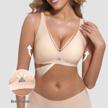 Obind Women’s Wireless Jelly Deep-V Seamless T-Shirt Bra, Soft Butter Fabric Breathable Mesh Triangle Panel Bra with Adjustable Straps, Minimalist Everyday Intimates