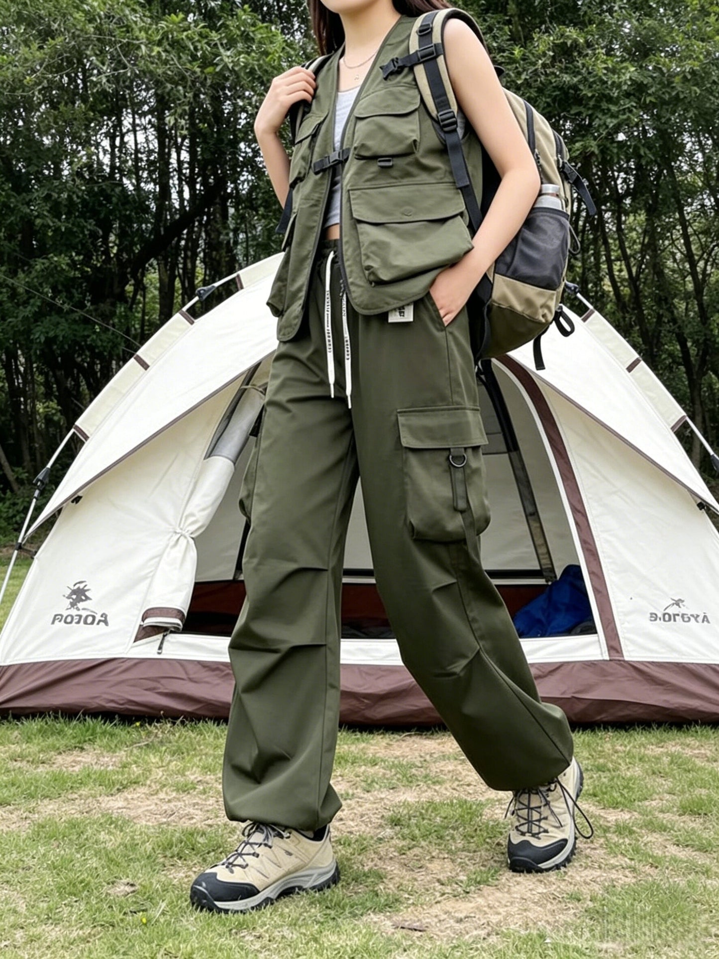 Women's Spring & Summer High-Waisted Cargo Pants, Quick-Dry Drawstring Wide Leg, Street Style Casual Loose Trousers