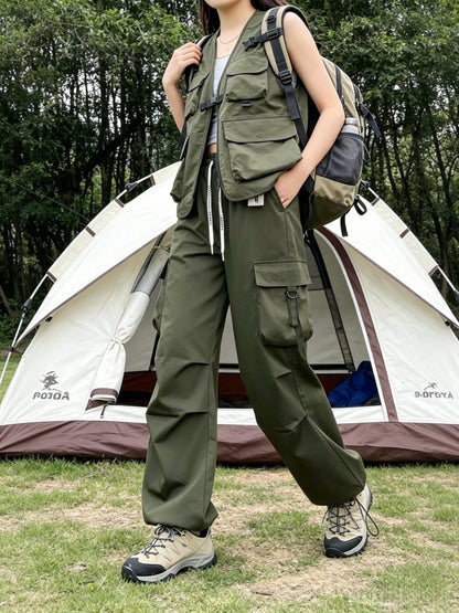 Women's Spring & Summer High-Waisted Cargo Pants, Quick-Dry Drawstring Wide Leg, Street Style Casual Loose Trousers